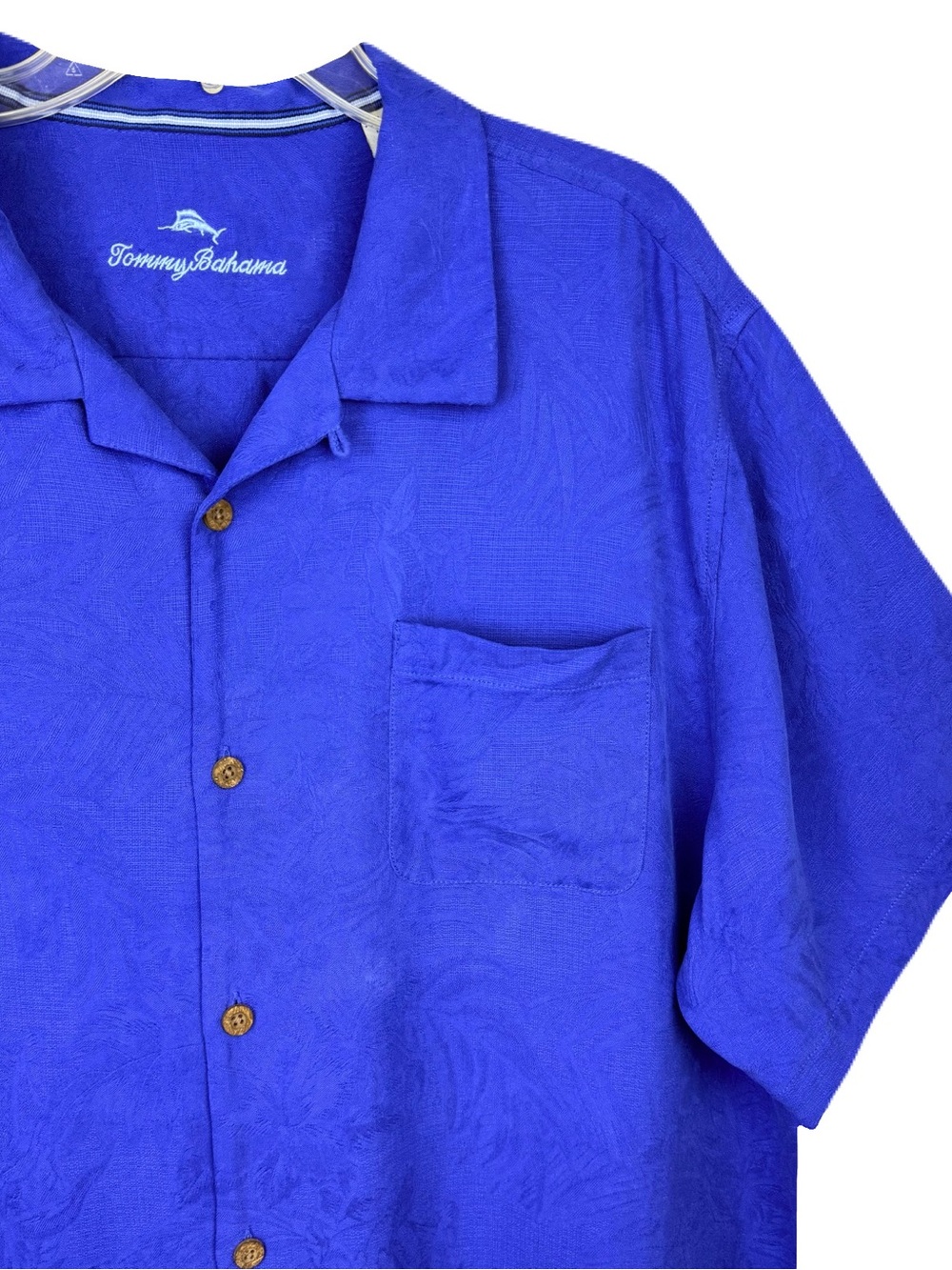Rare Tommy Bahama 100% Silk Jaquard Button-Up Short Sleeve Blue Camp Shirt